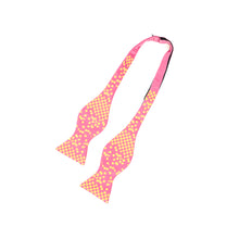 Load image into Gallery viewer, This is an untied bubblegum pink bow tie featuring a yellow checkered design on the paddles that breaks apart into floating square accents.
