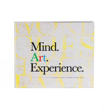 Load image into Gallery viewer, The front cover of a square book displaying the title "Mind. Art. Experience." in large black and green text over a soft, yellow-patterned background.