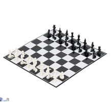 Load image into Gallery viewer, An angled full view of a Paco Sako board game set up with uniquely designed black and white interlocking pieces lined up on a black-and-white board.