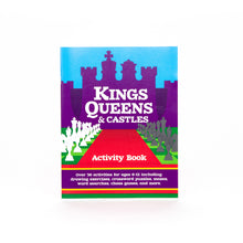 Load image into Gallery viewer, Front cover of the colorful "Kings, Queens & Castles" chess activity book featuring a purple castle silhouette, a red path lined with white and black chess pieces, and blue sky.