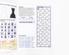 Load image into Gallery viewer, An open chess activity book showing educational pages with exercises on the rook, including tracing outlines, identifying pieces, learning castling rules, a word search, and a rook maze puzzle.