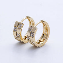 Load image into Gallery viewer, 14K Gold-Filled Huggies featuring a high-contrast checkered design set with sparkling pavé Cubic Zirconia. 
