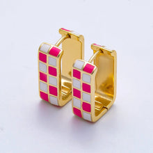 Load image into Gallery viewer, Pink and white checkered enamel set on a square shaped huggie earrings
