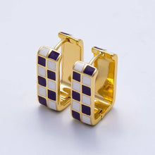 Load image into Gallery viewer, Purple and white checkered enamel set on a square shaped huggie earrings
