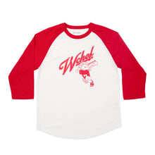 Load image into Gallery viewer, A traditional 3/4-sleeve raglan design with a white body and contrasting red sleeves for a timeless, sporty look. &nbsp;
