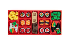 Load image into Gallery viewer, Red customized bento tray for sushi pieces with piece identifiers printed under pieces
