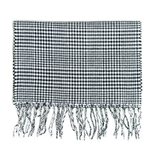 Load image into Gallery viewer, Black and white small houndstooth scarf with fringe ends.
