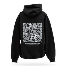 Load image into Gallery viewer, the back displays a bold, intricate white graphic incorporating playful characters and chess motifs honoring the creative spirit of the game through modern pop art.
