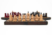 Load image into Gallery viewer, 3 way chess board with pieces mounted to board and hook on back for easy hanging. Flat view 
