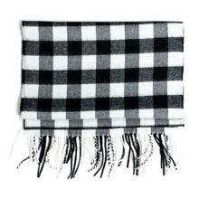 Load image into Gallery viewer, Black and white buffalo check scarf with black and white fringe trim.
