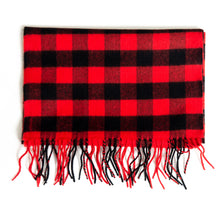 Load image into Gallery viewer, Classic red and black buffalo check plaid scarf with red and black fringe.
