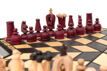 Load image into Gallery viewer, 3 way chess board with pieces mounted to board and hook on back for easy hanging.  Close up of red pieces
