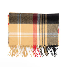 Load image into Gallery viewer, Tan, red, and black colorblock plaid scarf with multi-colored fringe.
