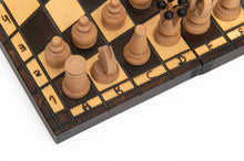 Load image into Gallery viewer, 3 way chess board with pieces mounted to board and hook on back for easy hanging.  Detail shot
