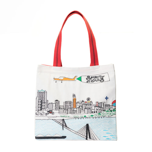 Enjoy this Embroidered Tote of the St. Louis City Scape 