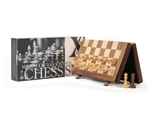 Image of wooden folding chess set 
