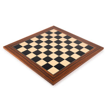 Load image into Gallery viewer, An angled perspective shot of an empty square wooden chessboard featuring light maple and dark ebony-style squares with a polished rosewood frame.
