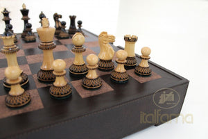 3" Burnt Boxwood Chessmen on Leather Storage Box