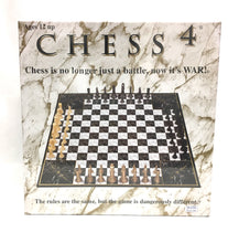 Load image into Gallery viewer, The front of a board game box titled "Chess 4" shows a square, marble-patterned four-player chessboard set up with four sets of differently colored pieces against a stone-textured background.
