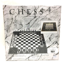 Load image into Gallery viewer, The back of the "Chess 4" game box displays game features, contents text, and images of both four-player and standard two-player board configurations.
