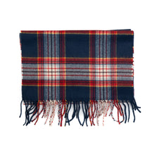 Load image into Gallery viewer, Navy blue and grey tartan plaid scarf with red accents and twisted fringe.
