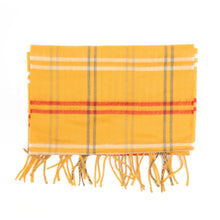 Load image into Gallery viewer, Mustard yellow plaid scarf with red and grey grid lines and yellow fringe.
