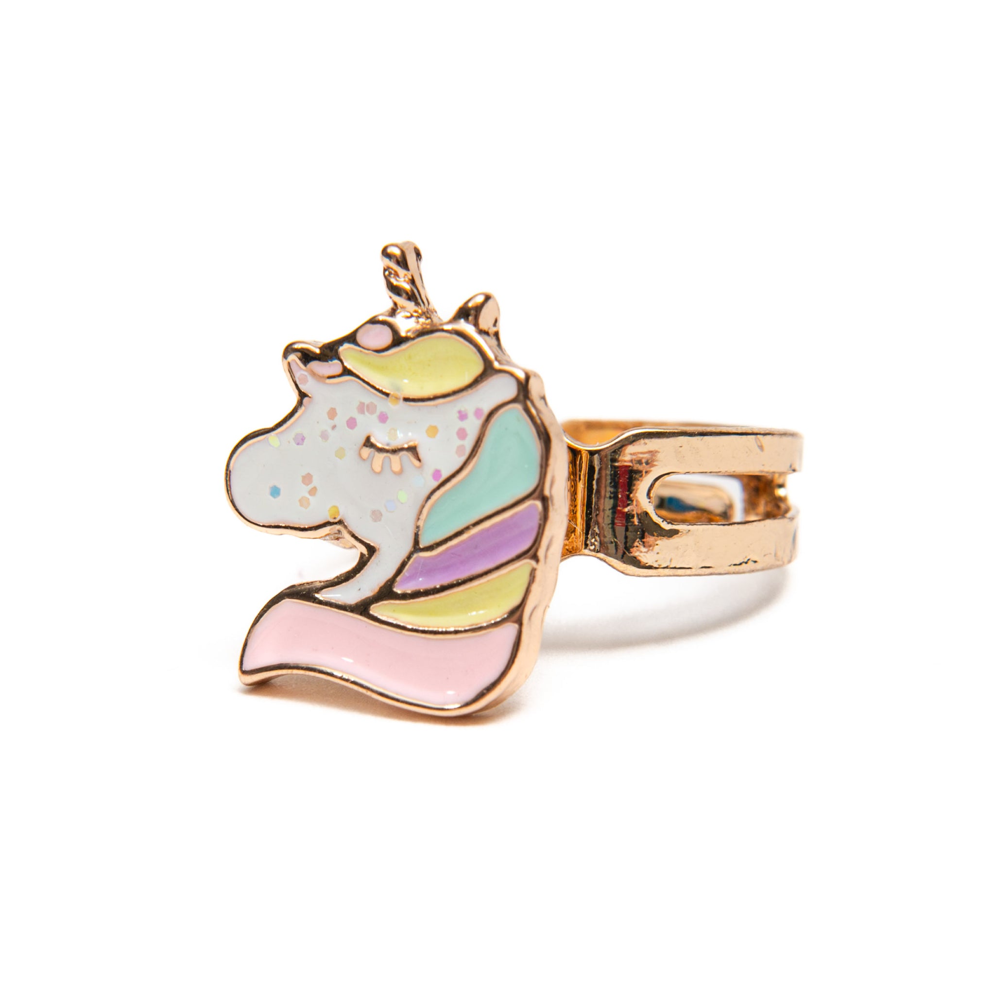 Load image into Gallery viewer, Gold colored rings are in the likeness of a white unicorn with a mane rhinestones and glitter that shimmer and shine with every spin!n mint, pink, purple, and yellow. The unicorn has a small gold horn.