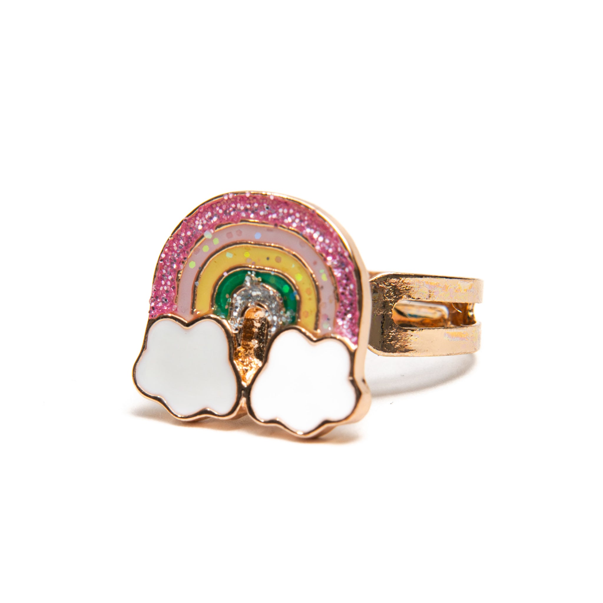 Load image into Gallery viewer, Gold colored rings are adorned with pink, white, yellow, and green with white clouds at the base of the rainbow.