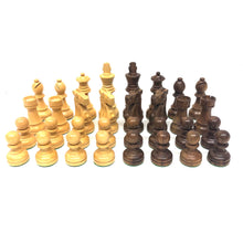 Load image into Gallery viewer, A full set of light natural wood and dark brown wood chess pieces arranged in neat rows against a plain white background.

