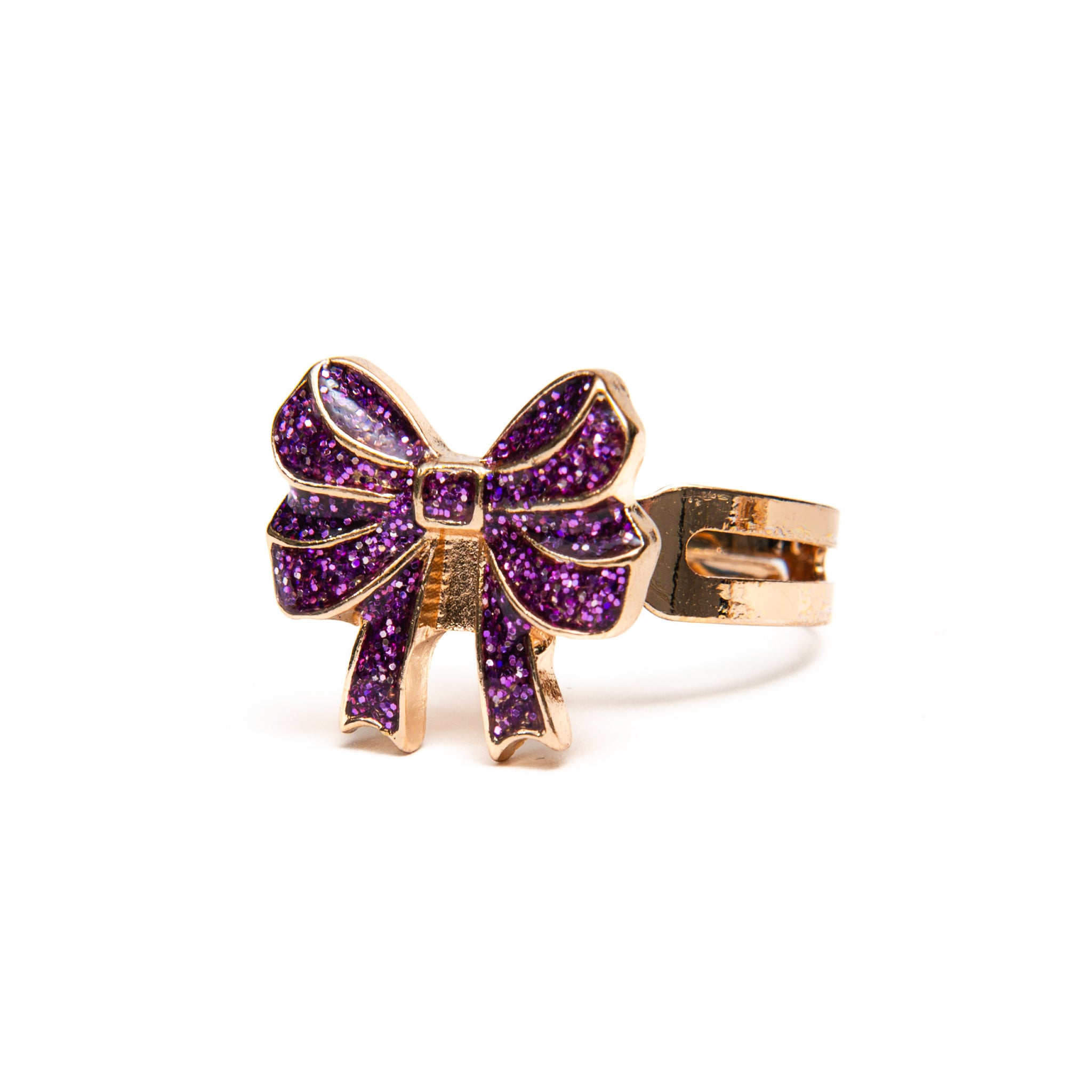 Load image into Gallery viewer, Purple Bow spinner ring. Gold colored rings are adorned with purple rhinestones.