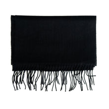 Load image into Gallery viewer, Solid black woven scarf with long twisted fringe.

