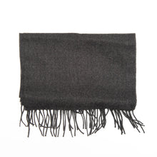 Load image into Gallery viewer, Solid dark charcoal grey scarf with twisted fringe trim.
