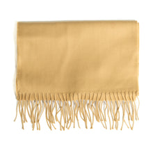 Load image into Gallery viewer, Solid camel beige woven scarf with matching fringe tassels.
