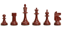 Load image into Gallery viewer, Lineup of polished dark brown wood Staunton chess pieces—pawn, rook, king, queen, bishop, and knight—arranged side by side on green felt bases against a white background.

