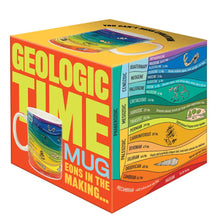 Load image into Gallery viewer, The mugs matching yellow and red packaging labeled "Geologic Time Mug."
