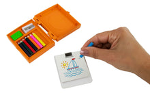 Load image into Gallery viewer, A hand using a miniature blue colored pencil to draw a sailboat on a small notepad next to an open orange case filled with mini drawing supplies.
