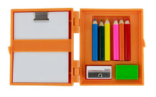 Load image into Gallery viewer, An open orange plastic case containing a mini notepad on the left and six small colored pencils, a pencil sharpener, and a green eraser on the right.
