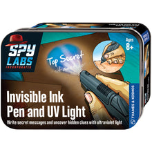 Load image into Gallery viewer, This image displays the packaging for a "Spy Labs Incorporated" brand toy kit containing an invisible ink pen and a UV light, intended for children ages 8 and up. The rectangular tin box features spy-themed illustrations, including a hand shining a UV flashlight onto a piece of paper to reveal a glowing blue hidden message that reads "Top Secret."
