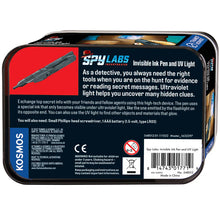 Load image into Gallery viewer, This image shows the back of the rectangular "Spy Labs Incorporated" storage tin, featuring a dark blue background with detailed product information, safety warnings, a barcode, and a 0-3 age restriction logo. On the left side, a stark red panel spotlights a black-and-white illustration of the sleek, textured spy pen gadget to clearly show its shape and design.
