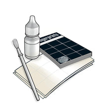 Load image into Gallery viewer, This graphic illustration displays the individual contents of the "Fingerprinting Kit" grouped together against a plain white background. It includes a small plastic dropper bottle of dusting powder standing next to a classic wooden-handled fine-bristle brush, which rest upon a stack of grid-lined filing cards and a specialized black card for collecting and organizing lifted suspect prints.
