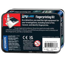 Load image into Gallery viewer, This image displays the back of the "Fingerprinting Kit" rectangular tin storage box, featuring a dark blue background layout with detailed instructions on how to use fingerprint evidence, safety warnings, and a white barcode block. On the left side, a prominent bright red rectangle spotlights a clean line illustration of the kit's actual components, showcasing the small plastic bottle, fine-tipped dusting brush, and stack of verification cards arranged neatly together.
