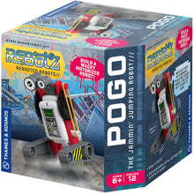 Load image into Gallery viewer, This image shows a cubic product box for a motorized building toy called "ReBotz: Pogo, The Jammin' Jumping Robot," designed for ages 6 and up against a gritty, blue-toned concrete background with bright pink graffiti accents. The featured robot stands upright on a pair of grey, tank-like treads with yellow safety stripes, showcasing a white rectangular body framed in vibrant red plastic with large yellow rubber bands and topped by two oversized, cartoonish googly eyes.
