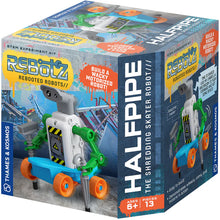 Load image into Gallery viewer, This image shows a cubic product box for a motorized building toy called "ReBotz: Halfpipe, The Shredding Skater Robot," designed for ages 6 and up by Thames &amp; Kosmos. Set against a gritty, concrete backdrop with bright orange graffiti accents, the featured robot rides a small blue skateboard with orange wheels and uses a gray plastic broom and umbrella like crutches to push itself along.
