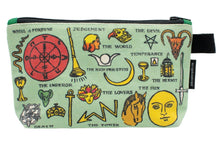 Load image into Gallery viewer, The reverse side of the mint green canvas pouch displays another set of printed tarot symbols, including the Wheel of Fortune, a horned devil head, a yellow sun face, and a horse head.

