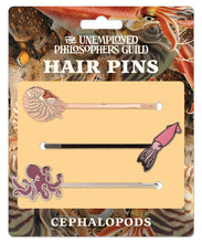Load image into Gallery viewer, Set of three ocean-themed bobby pins featuring a nautilus, squid, and octopus.
