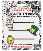 Load image into Gallery viewer, Three Alice in Wonderland-themed bobby pins featuring playing cards, a top hat, and a pocket watch.
