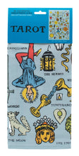 Load image into Gallery viewer, A light blue cotton dish towel featuring illustrations of classic tarot card symbols and figures is packaged under a blue header card labeled "TAROT."

