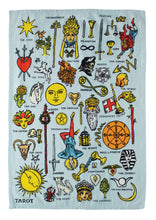 Load image into Gallery viewer, A light blue fabric dish towel is completely unfolded to display a grid of colorful, vintage-style tarot card illustrations and labels.
