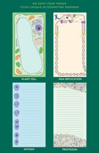 Load image into Gallery viewer, A dark green product grid showcases the four distinct page layouts of the notepad labeled "PLANT CELL," "DNA REPLICATION," "MITOSIS," and "PROTOZOA!"
