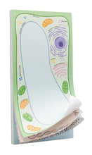 Load image into Gallery viewer, A thick, vertical notepad is shown from a side angle with its bottom corner pages slightly fan-curled upward to reveal its alternating science-themed sheet designs.
